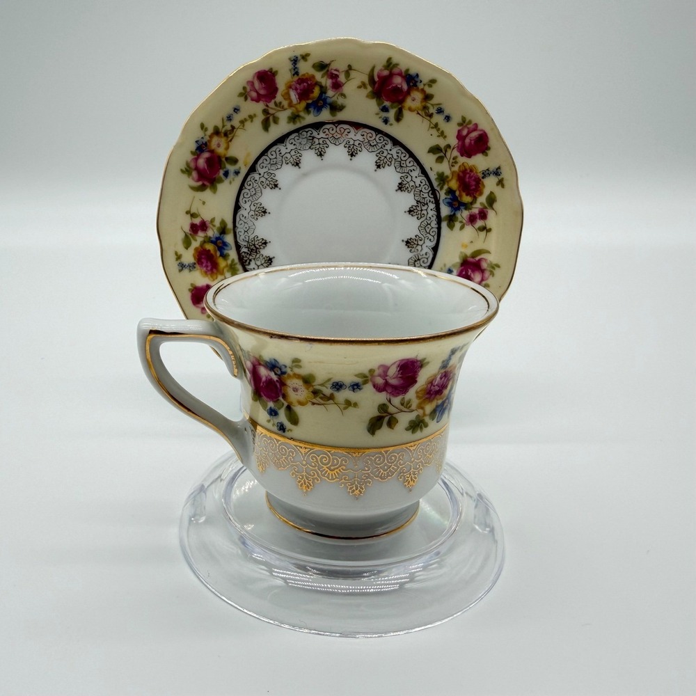 Vintage Goldcastle Japan Floral Porcelain Tea Cup and Saucer Set Gold Filigree